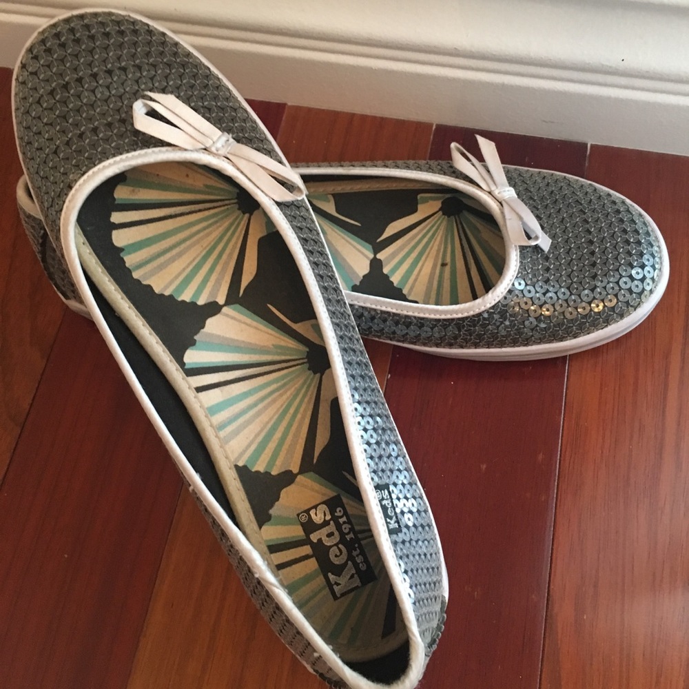 Keds Silver-Grey Sequin Bow Slip On Ballet Flats